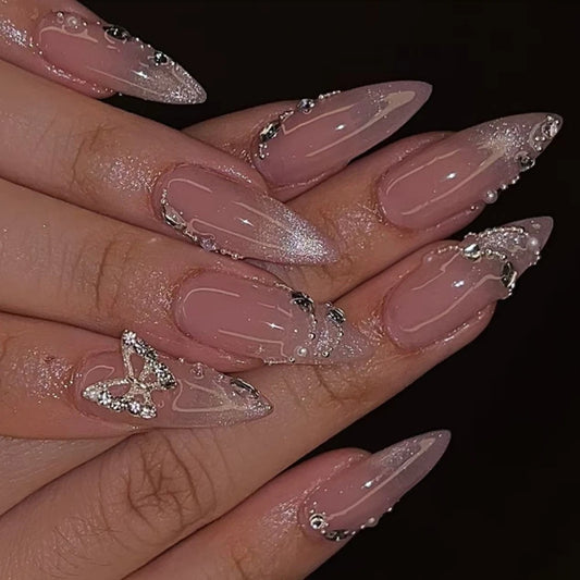 24Pcs Butterfly Designs Medium Almond Nail Tip Artificial Diamond Pearl Chain Spice Wearable Cat Eye French Full Cover Press On