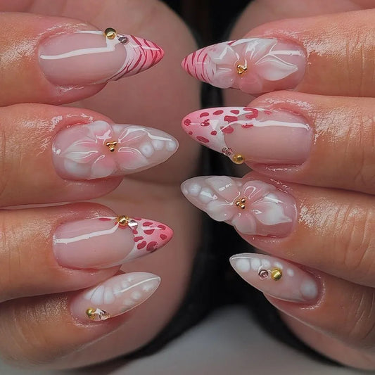 24Pcs Pink Leopard Print French Press on Fake Nails Mid-length Almond Detachable False Nails 3D Flower Rhinestone Manicure Tips