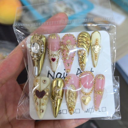 10Pcs Mid-length Almond Simple Summer Fake Nails Pink French Press on Nails Metal Spice Girls Wearable Sweet Cool Fashion Nails