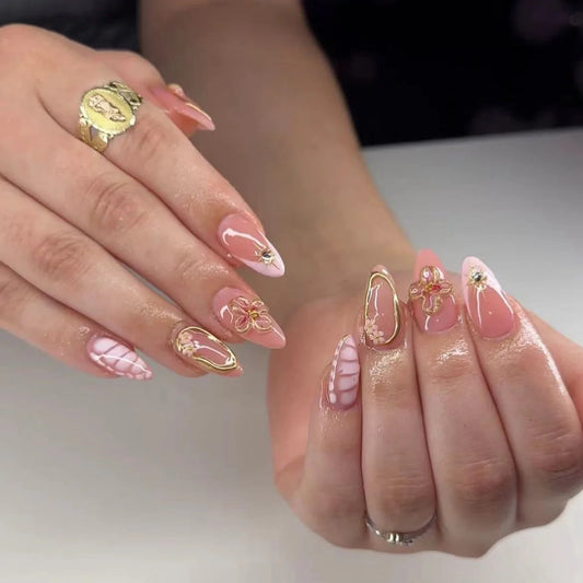 24pcs Smudge Flower Full Cover Nail Gilded Pearl Design Press on Nails Long Almond Reusable False Nails Sets for Woman Fake Nail