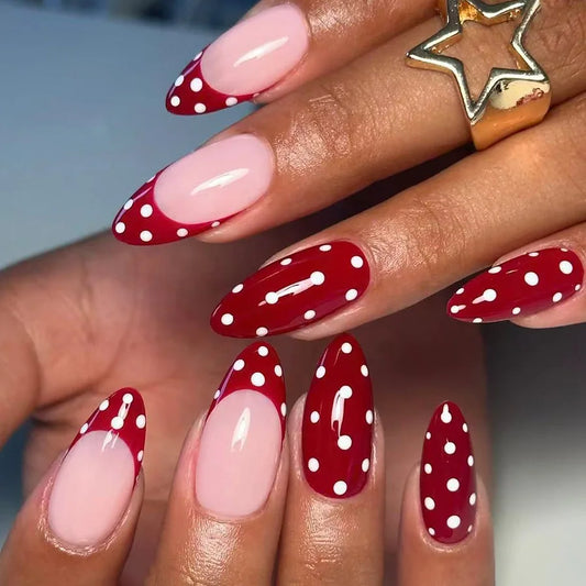 24pcs Mid-length Almond Fake Nails Set Red French Tips False Nail Finished Art Acrylic Simple Polka Dot Design Press on Nails