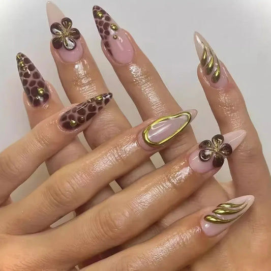 24Pcs Almond Press on Fake Nails 3D Flower Pearl with Maillard Leopard Print French Nail Full Cover Wearable False Nail Tips Art