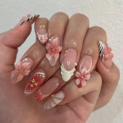 24Pcs Mid-length Almond Press on Fake Nails with Insect Flower Button Design Full Cover Nails Tips Reusable Finished False Nails