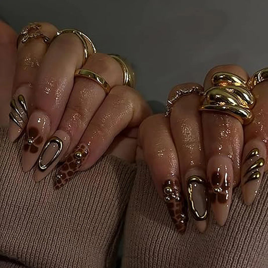 10PCS Almond Medium Fake Nail Brown Flower Fake Nail Relieve Gold Thread Pressing Handmade Nail Bare Pink Acrylic Nail