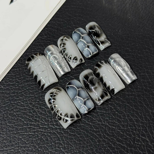 10Pcs/set Metallic Dark Handmade Press on Nail Set French Cool Hot Girl Fake Nails Coffin Full Cover Manicure Wearable Nail Tips