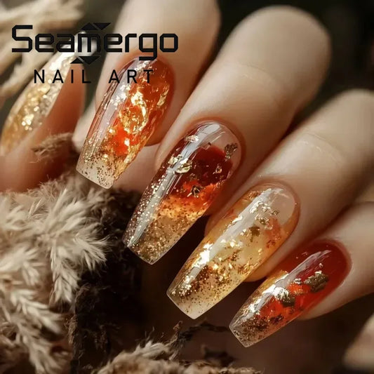 24PCS Amber Gold Foil Press on Nails Square Coffin Shape Hot Girl Style Glitter Resin Fake Nails Luxury Autumn Winter Nail Art
