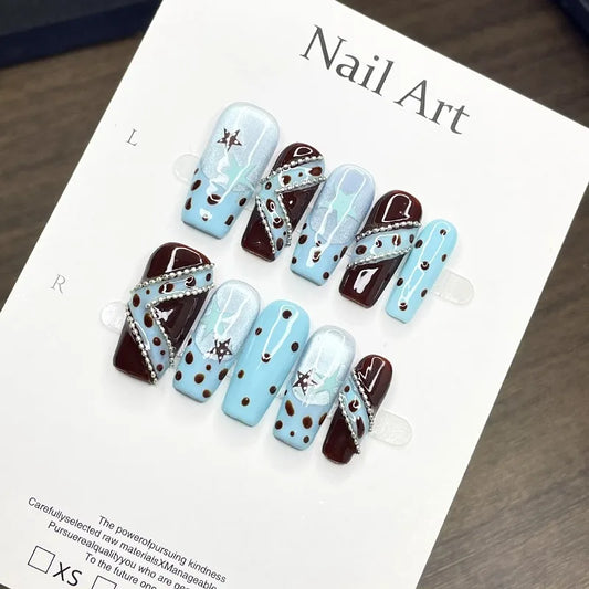 10PCS Blue Cat Eye French Handmade Press on Nails Tips Brown Polka Dots Star Sweet Cool Medium Coffin Fake Nails for Spice Girls