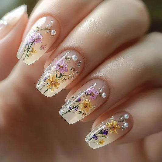 24pcs Fake Nails Art Simple Flower Design False Nail Sets White French Short Ballet Press on Nails Tips Square Manicure Finished
