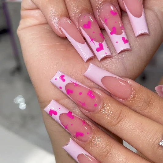 24pcs French Coffin Press on Nails Sets Valentine's Day Love Starlight Pink Long Ballet Fake Nail Tips Reusable False Nails Art