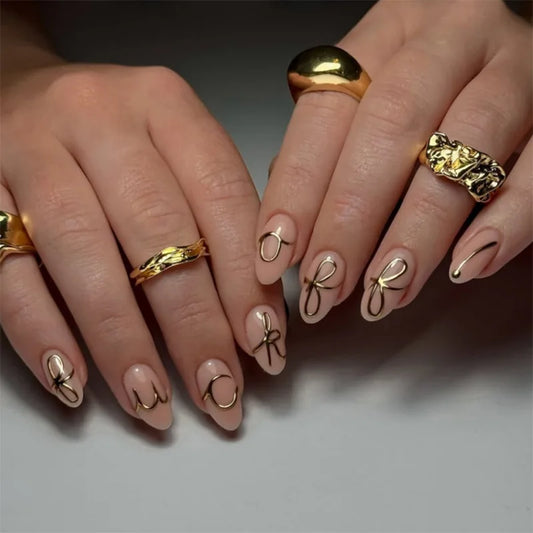 24Pcs Short Oval Press on False Nails with Golden Bow Stripes Decorations New Manicure French Designs Reusable Simple Nail Tips