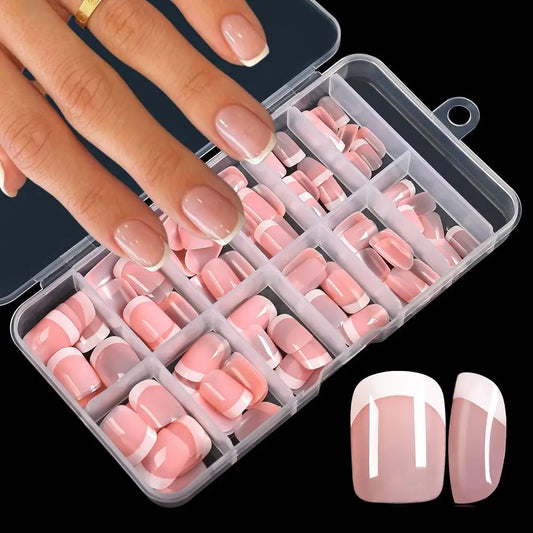 120Pcs Pink French Short Square Fake Nails 12-Sizes Full Cover Press On Nails Wearable Detachable Finished False Fingertips *TD