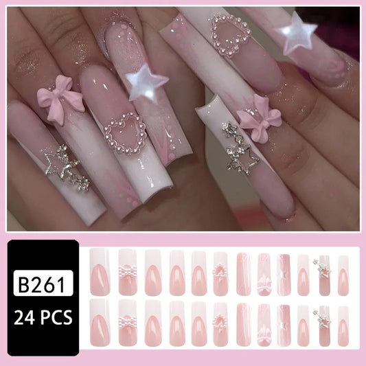 24 pieces of super long water pipe French bow sweet pearl love fake nails burst hollow stars nail patch