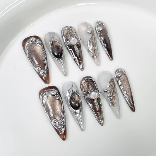 10Pcs/set Long Stiletto Handmade Press on Nails Cat Eye Fake Nails Winter Wearable Stick-on Nails False Nail 네일팁 Накладные Ногти