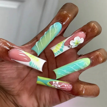 24Pcs Long Square Head Press on False Nails French Colorful 3D Flower Butterfly Design Fake Nail Reusable Full Cover Nails Tips