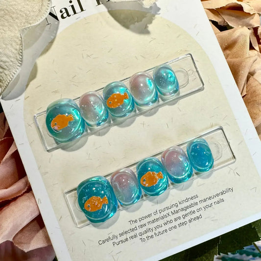 10Pcs Handmade Press on Nails Blue Fake Nails with Fish Pattern Wearable Stick-on Nails Full Cover False Nail Накладные Ногти
