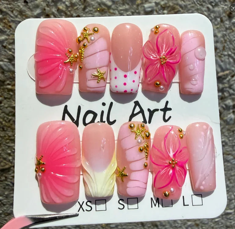 10pcs Luxury Gold Press on Nails 3D Flower False Nails Pearl French Manicure Handmade Fake Nail Tips Square Medium Nail Stickers