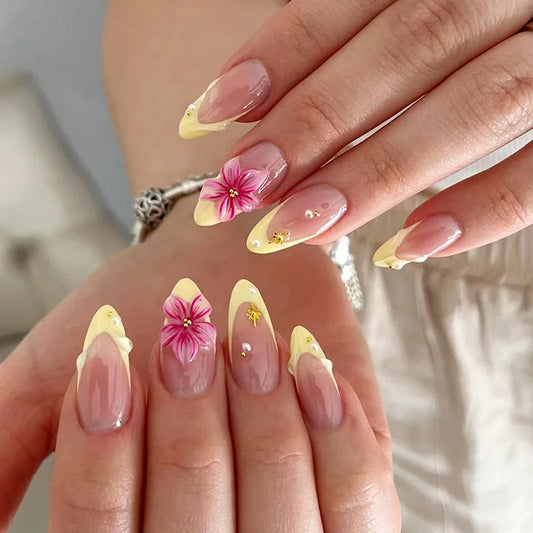 24Pcs Yellow French Full Cover Nails Tips Mid-length Almond Detachable False Nails 3D Flower Pearl Starburst Press on Fake Nails