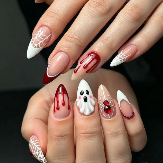 30pcs Halloween False nails White Red French Almond Press on Nails White Ghost Spider Web Design Fake Nail Patches Wearable