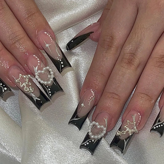 24pcs Long Square False Nail Art Black French Nails Tips with Fashion Star Pearl Design Fake Nail Reusable Press on Nails Sets