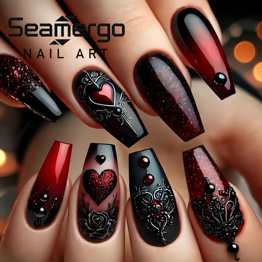 24PCS Vintage Dark Red Heart Press on Nails Gothic Style Fashion European American False Nails Removable for Daily Wearable Nail