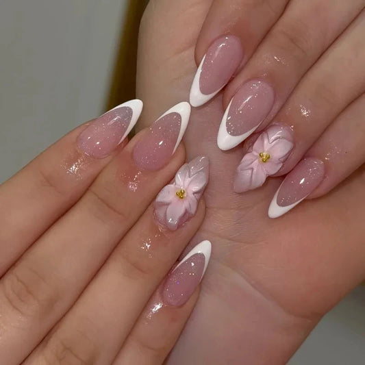 24PCS Pink Almond Press on Nails Full Cover Carved Flower 3D Ripples French Fake Nails for Women with Golden Pearl Wearable Nail