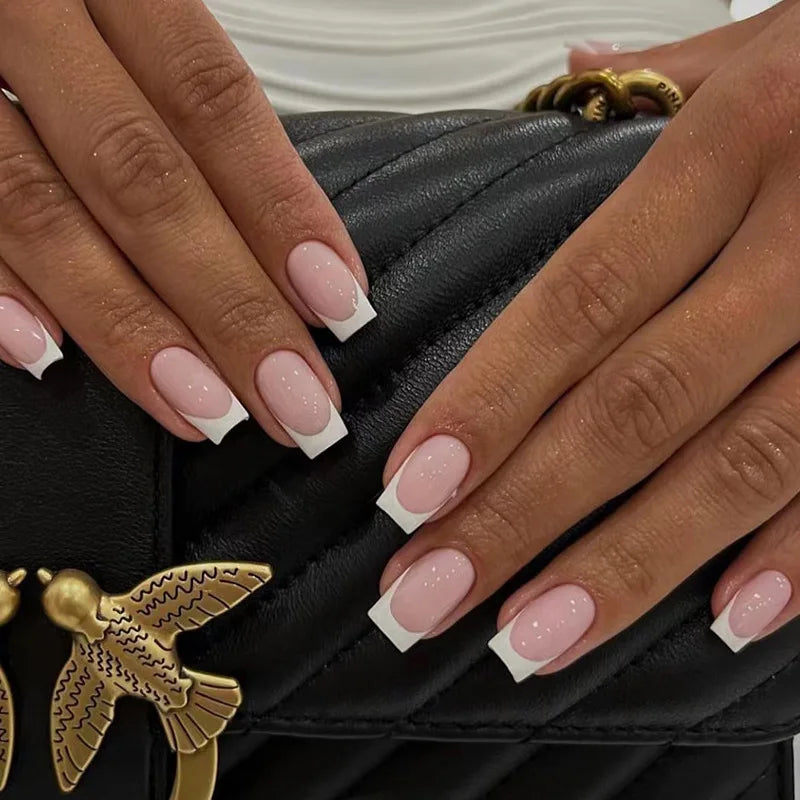 24Pcs Nude White French Fake Nail Short Square Nail Tips Fashion Wearable False Nails with Glue Simple Full Cover Press on Nails