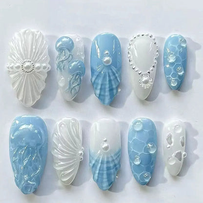 24Pcs Mid-length Almond Press on Fake Nails with Insect Flower Button Design Full Cover Nails Tips Reusable Finished False Nails