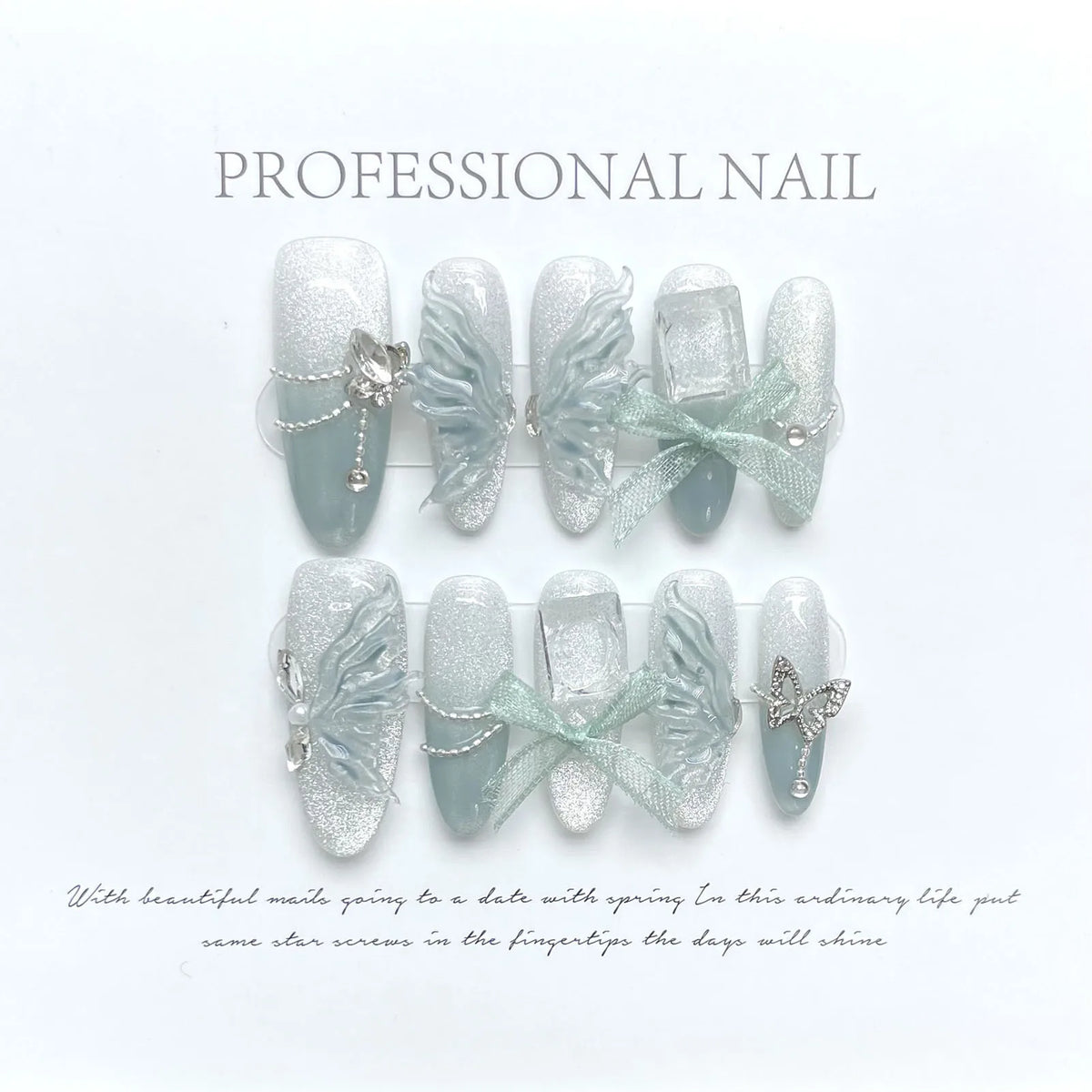 10Pcs White Swan Handmade False Nails Glitter Haze Blue Grey Cat Eye Press On Nail Angel Wing Shiny Diamond Chain Decor Manicure