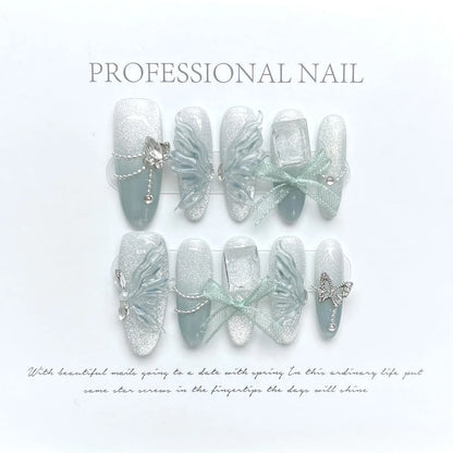10Pcs White Swan Handmade False Nails Glitter Haze Blue Grey Cat Eye Press On Nail Angel Wing Shiny Diamond Chain Decor Manicure