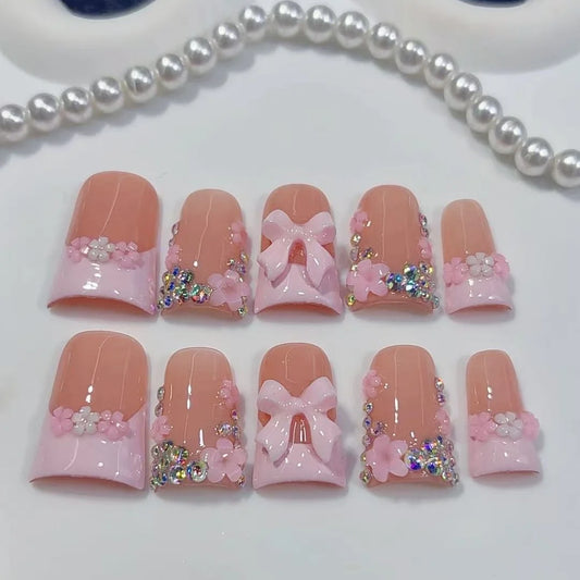 10pcs high-end Style girl version, hand-painted three-dimensional patterns, bowknot, dazzling sparkly diamond handmade fake nail