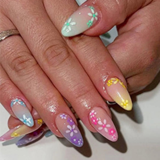 24pcs Cute Almond False Nails Gradient Colorful Flower Design Stick on Nail Reusable Simple Long Oval Press on Fake Nails Tips