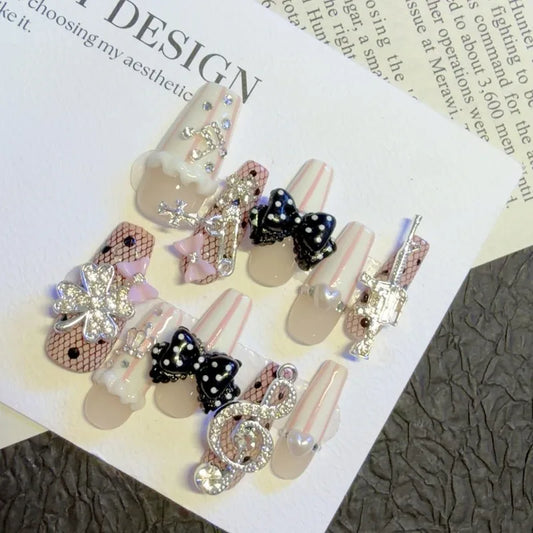 Musical Notes Retro Vintage Gyaru French Handmade Press on Nails 3D Rose Bow Pearl Pink Fake Nails Y2K Cute Long Coffin Nail Art