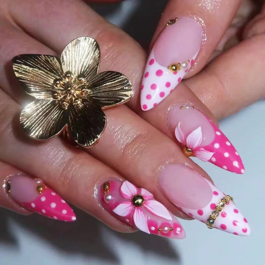 24Pcs Long Stiletto Nails Set Press on Pink French 3D Flower Polka Dot Fake Nail Rhinestone Wearable Full Cover False Nails Tips