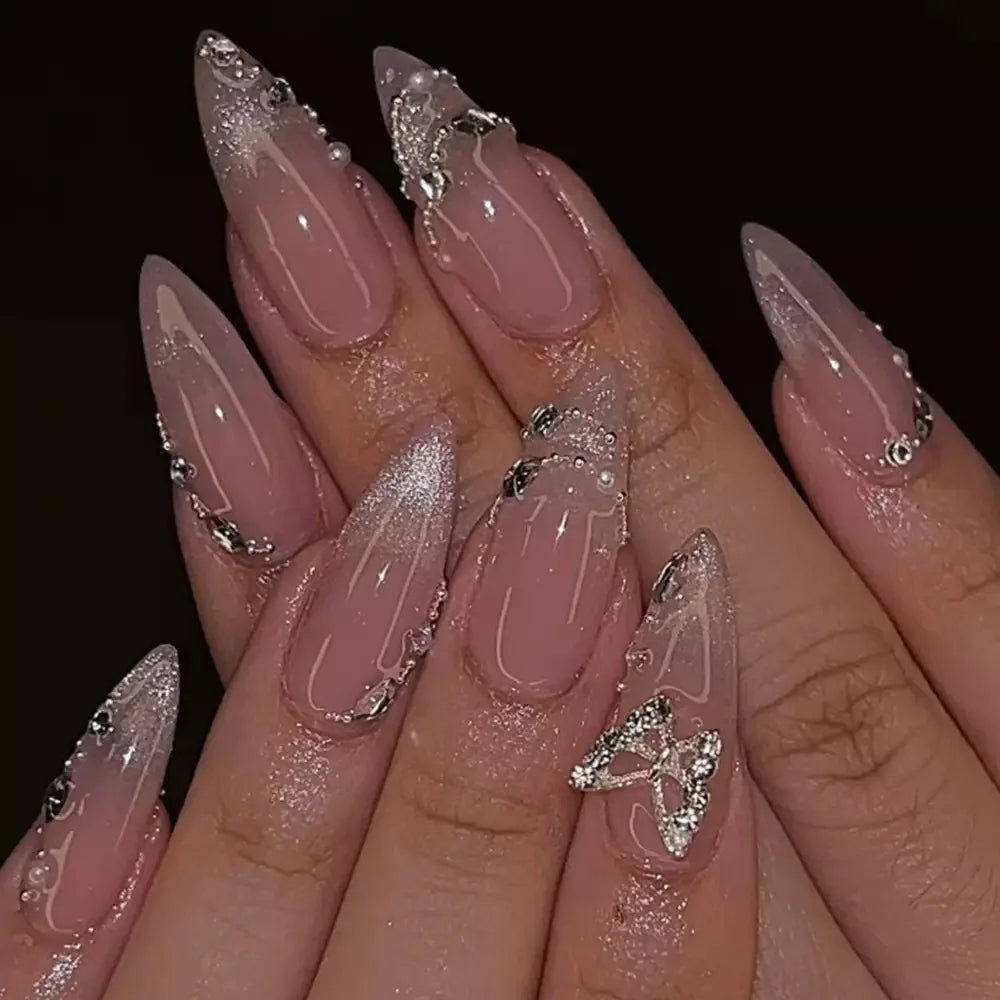 24Pcs Light Blue Smudge Fake Nails Press on Almond Gold Leaf Removable Long Full Cover Nail Tips Wearable Finished Nail Art