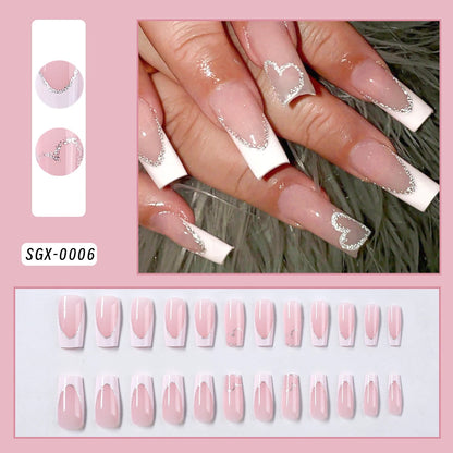 24pcs Flower French Fake Nails Pink Mid-length Square Finished False Nail 3D Jelly Hibiscus Design Gradient Press on Nails Tips#