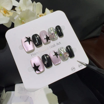 10pcs high-end Cat-eye five-pointed star handmade fake nails, Short nail decoration patches for girls