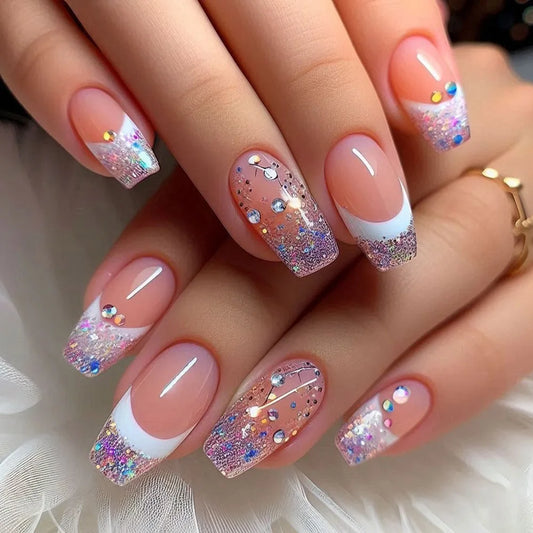24Pcs Mid-length Ballet False Nails Press on White Edge French Shiny Powder Fake Nails Rhinestone Reusable Full Cover Nails Tips
