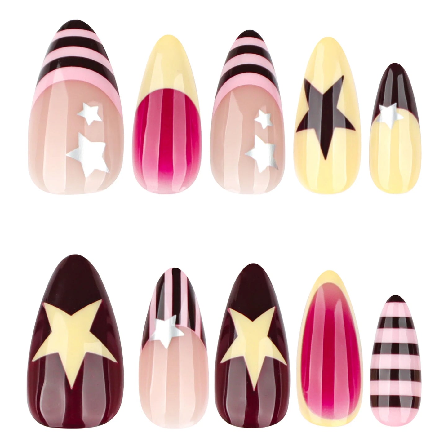 24pcs Colorful Five-pointed Star Press On Nails Red Stripes French Style Y2k Fake Nails Yellow Almond European Fake Nail Tips