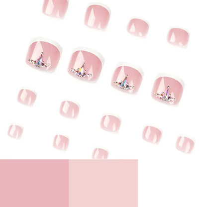 Simple White French Artificial Toenails Shiny Rhinestones Toe False Nails with Glue Wearable Short Flat Shape Fake Toenails