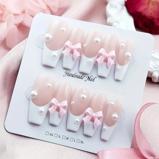 10pcs high-end French long white pearl bow handmade fake nails, Girly ballet sweet pink streak nail piece
