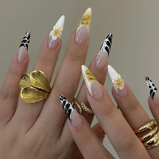 24Pcs Mid-length Almond False Nais Irregular Polka Dot 3D Flower Fake Nails Green Smudge Press on Nails Detachable Manicure Tips