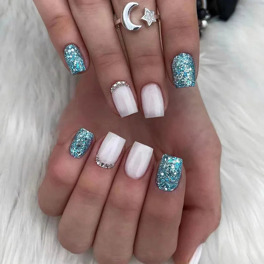 24Pcs Blue Shiny Powder False Nails Rhinestone Design Detachable Manicure Tips Full Cover Short Square Head Press on Fake Nails