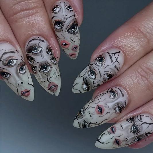 24pcs Halloween Almond Fake Nail Tips Scary Eyes Girl Face Print Press on Nail Wearable European Spicy Girls False Nail Tips
