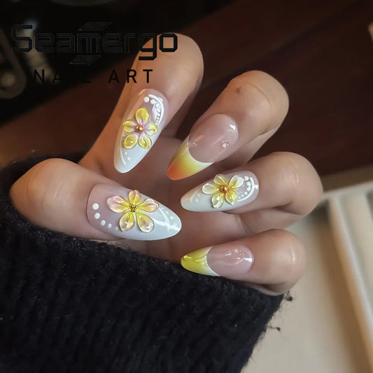24PCS3D Yellow Flower Press on Nails Allmond French Gradient Blue Pink Yellow Style Sweet Colorful Summer Reusable False Nails