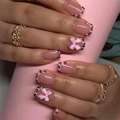 24pcs Press on Nails Short Almond Bowknot Black Press on Nails White Pearl Sweet French Tip Press on Nails Cute Nail Artificial