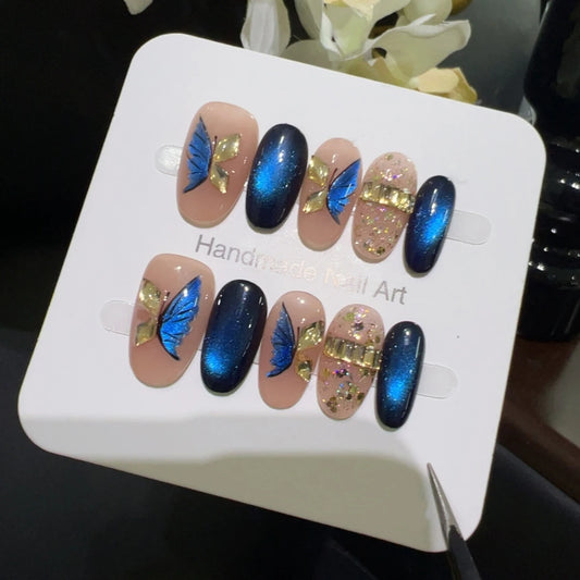 10pcs high-end Blue butterfly handmade fake nails, Light luxury nail decoration