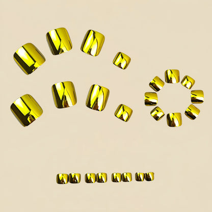 24pcs Glossy Gold Press on Toenail Electroplating Metal Design Fake Toe Nail for Women and Girls Summer Square False Toenails