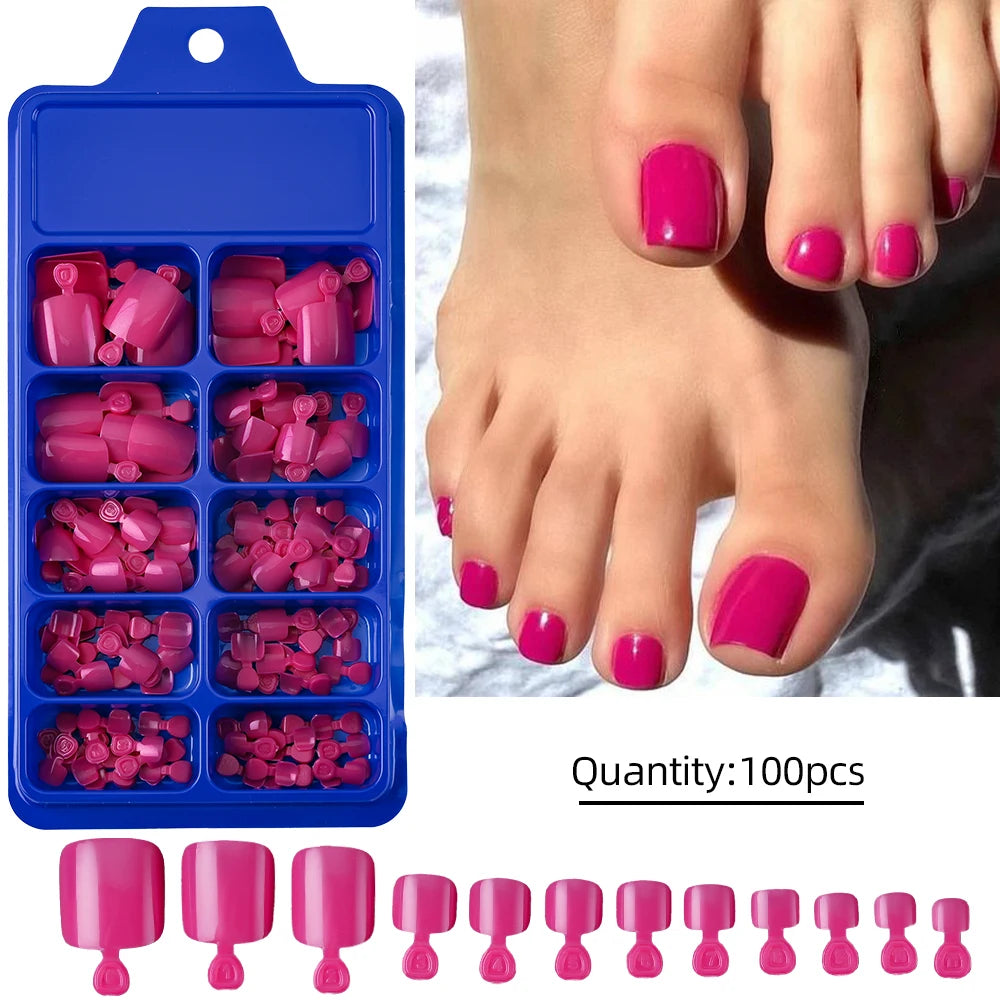 100Pc/Set Solid Color Simple Foot Fake Nails Artificial Red Fake Acrylic Nails Press On Toenails Art Tips Gluing Manicure Tool #