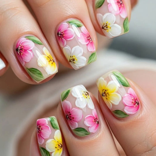 24pcs Square Nails Art Press on Idyllic Blue False Nails Tips Flower Design Pattern Ballet Fake Nail Sets Detachable Manicure