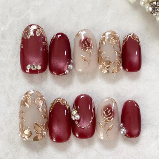 24pcs Wearable Red Nails Sets Press on Gilded Flower Pearl Design False Nails Tips Diamond Retro Stick on Short Almond Fake Nail